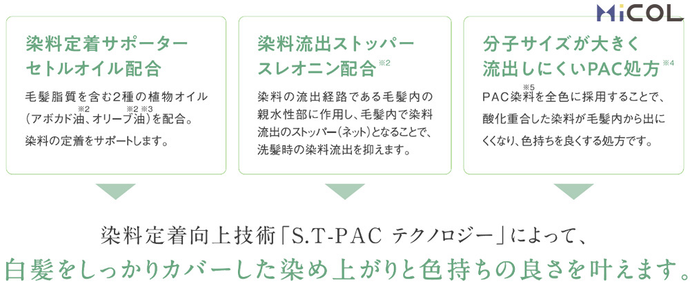 ホーユー　プロステップ　グレイカラー　染料定着サポーター　セトルオイル配合　毛髪脂質を含む2種の植物オイル（アボカド油、オリーブ油）を配合。染料の定着をサポートします。　染料流出ストッパー　スレオニン配合　染料の流出経路である毛髪内の親水性部に作用し、毛髪内で染料流出のストッパー（ネット）となることで、洗髪時の染料流出を抑えます。　分子サイズが大きく流出しにくいPAC処方　PAC染料を全色に採用することで、酸化重合した染料が毛髪内から出にくくなり、色持ちを良くする処方です。　染料定着向上技術「S.T-PACテクノロジー」によって、白髪をしっかりカバーした染め上がりと色持ちの良さを叶えます。