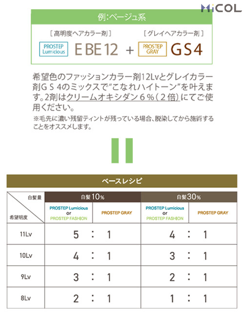 ホーユー　プロステップクイック　グレイカラー　例：ベージュ系　高明度ヘアカラー剤　プロステップルミシャす　E BE 12　＋　グレイカラー剤　プロステップ　グレイ　GS4　希望色のファッションカラー剤12Lvとグレイカラー剤GS4のミックスで”こなれハイトーン”を叶えます。2剤はクリームオキシダン6％（2倍）にてご使用ください。　※毛先に濃い残留ティントが残っている場合、脱染してから施術することをオススメします。　ベースレシピ　白髪量　白髪10％　プロステップルミシャス　or プロステップファッション：プロステップグレイ　希望明度　11Lv 5:1 10Lv 4:1 9Lv 3:1 8Lv 2:1　白髪30％　プロステップルミシャス　or プロステップファッション：プロステップグレイ　希望明度　11Lv 4:1 10Lv 3:1 9Lv 2:1 8Lv 1:1
