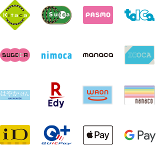 Kitaca　Suica　PASMO　TOICA　SUGOCA　nimoca　manaca　ICOCA　はやかけん　楽天Edy　WAON　nanaco　iD　QUICPay	Apple Pay　Googleペイ