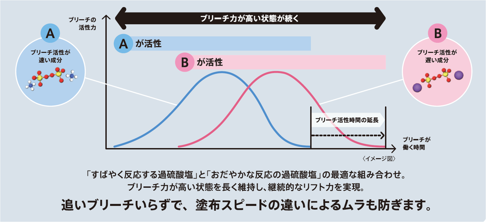 ウエラ　ブリーチ剤　ブロンダープレックス　H　（A）ブリーチ活性が速い成分　（B）ブリーチ活性が遅い成分　「すばやく反応する過硫酸塩｣と「おだやかな反応の過硫酸塩」の最適な組み合わせ。ブリーチカが高い状態を長く維持し、継続的なリフト力を実現。追いブリーチいらずで、塗布スピードの違いによるムラも防ぎます。