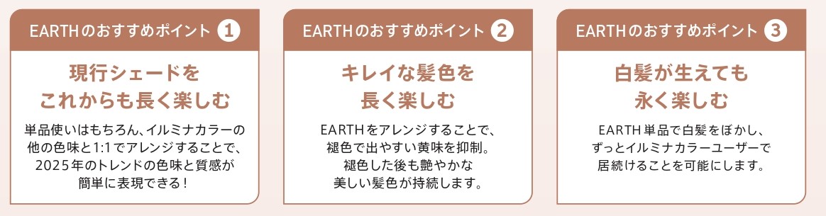 ウエラ　イルミナカラー　EARTHのおすすめポイント1　現行シェードをこれからも長く楽しむ　単品使いはもちろん、イルミナカラーの他の色味と1：1でアレンジすることで、2025年のトレンドの色味と質感が簡単に表現できる！　EARTHのおすすめポイント2　キレイな髪色を長く楽しむ　EARTHをアレンジすることで、褪色で出やすい黄味を抑制。褪色した後も艶やかな美しい髪色が持続します。　EARTHのおすすめポイント3　白髪が生えても永く楽しむ　EARTH単品で白髪をぼかし、ずっとイルミナカラーユーザーで居続けることを可能にします。