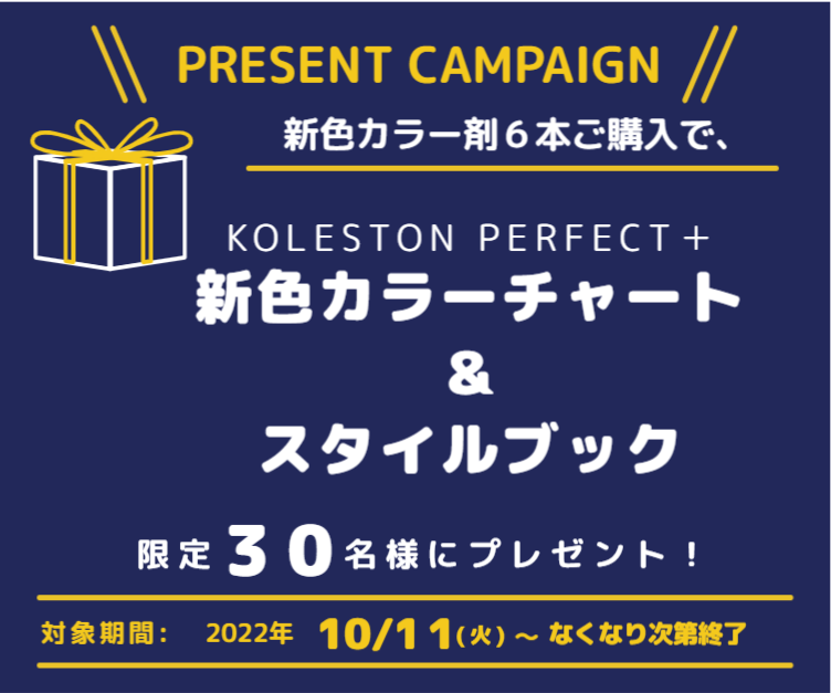 \\PRESENT CAMPAIGN //
新色カラー剤6本ご購入で、KOLESTON PERFECT+新色カラーチャート&スタイルブック限定30名様にプレゼント!
対象期間: 2022年 10/11 (火)~ なくなり次終了